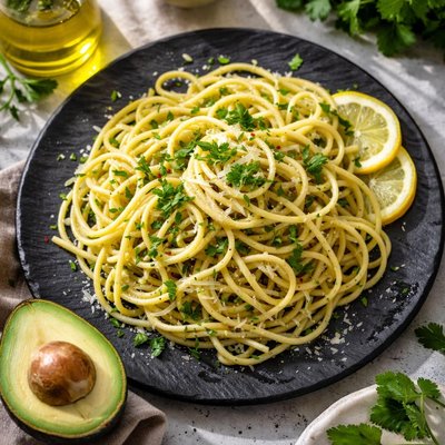 Pasta with avocado oil and parsley