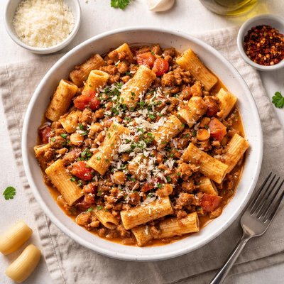 Pasta con frijoles y carne molida