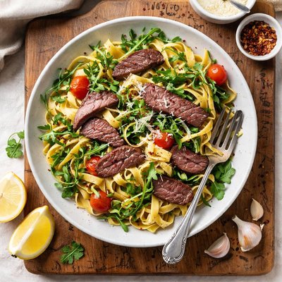 Pasta with beef and arugula