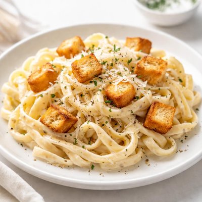 Pasta with cheese and croutons