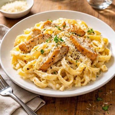 Pasta with cheese sauce and chicken