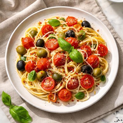 Pasta with cherry tomato and olives