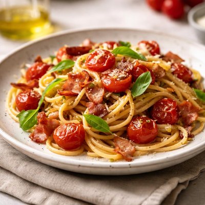 Pasta with cherry tomatoes and bacon