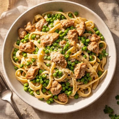 Pasta with chicken and peas