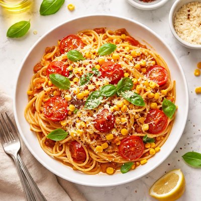 Pasta with corn and tomato sauce