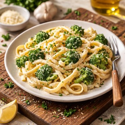 Pasta with cream sauce and broccoli