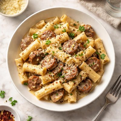 Pasta con salsa de crema y salchicha