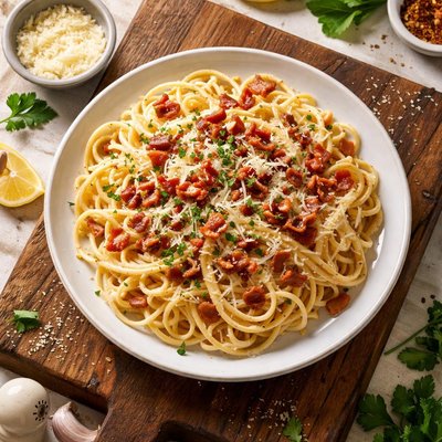Pasta with creamy sauce and bacon bits