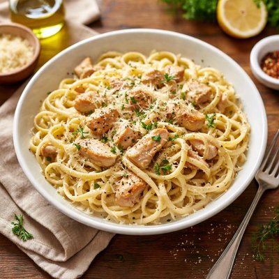 Pasta with creamy sauce and chicken