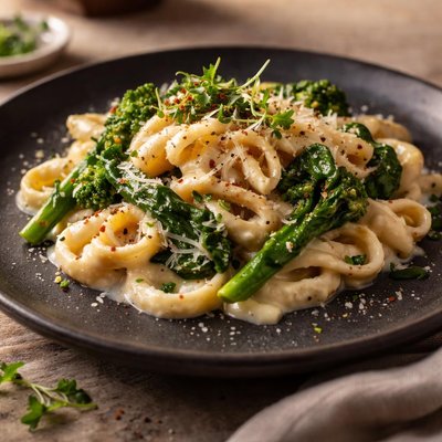 Pasta with creamy sauce and greens