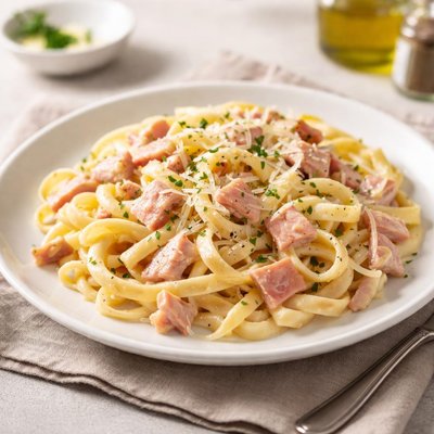 Pasta with creamy sauce and ham
