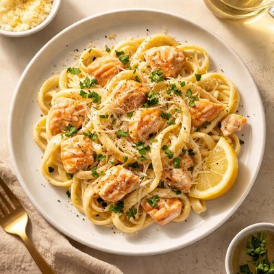 Pasta with creamy sauce and salmon