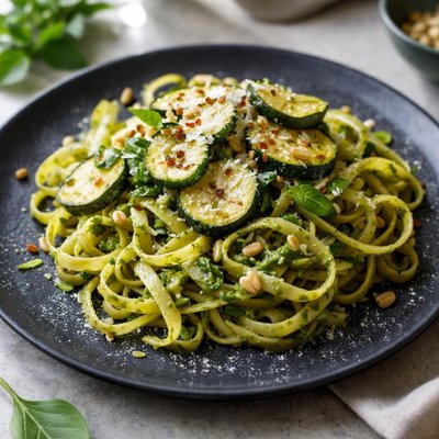 Pasta with green sauce and zucchini
