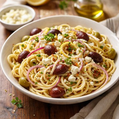 柠檬酱橄榄羊奶干和红洋葱通心粉