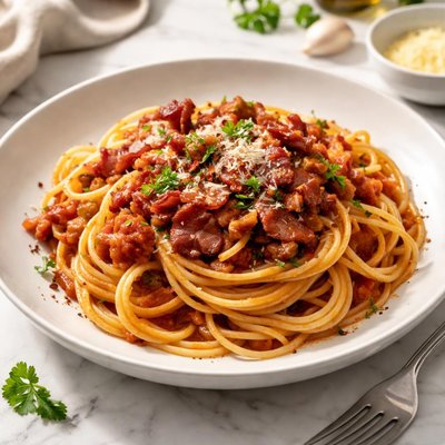 Pasta with marinara sauce and bacon