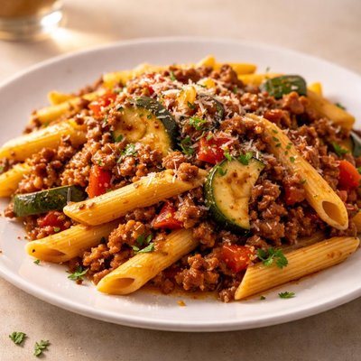 Pasta con salsa de carne y verduras