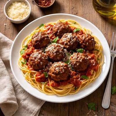 Pasta with meatballs and red sauce