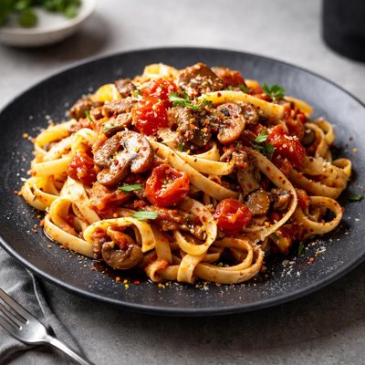 Pasta with mushroom and tomato sauce