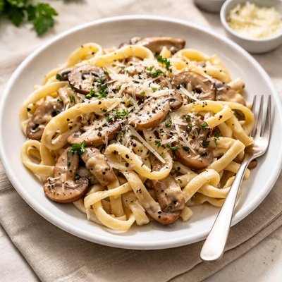 Pasta with mushroom cream sauce and cheese