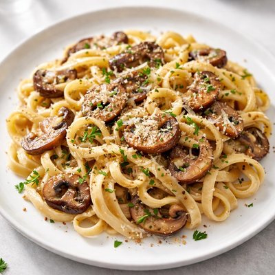 Pasta with mushrooms and sauce