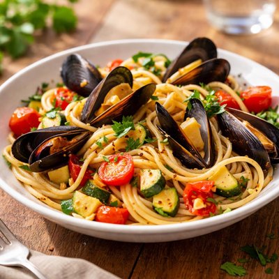 Pasta with mussels and vegetables