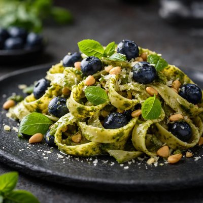 Pasta with pesto and blueberries