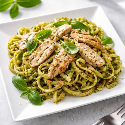 Pasta with pesto and chicken