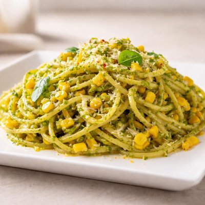 Pasta with pesto and corn
