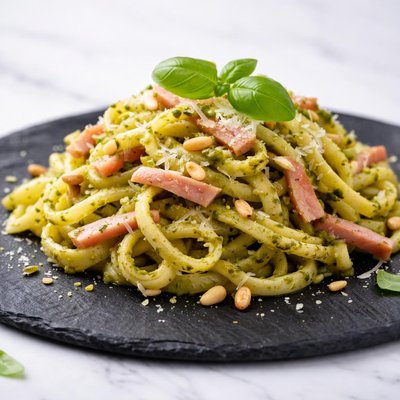 Pasta with pesto and ham
