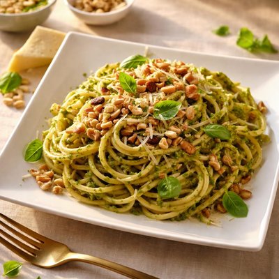 Pasta with pesto and nuts