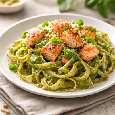 Pasta with pesto and salmon