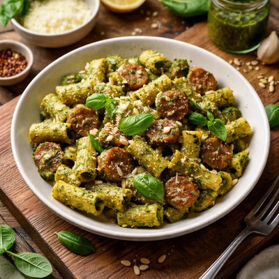 Pasta with pesto and sausage