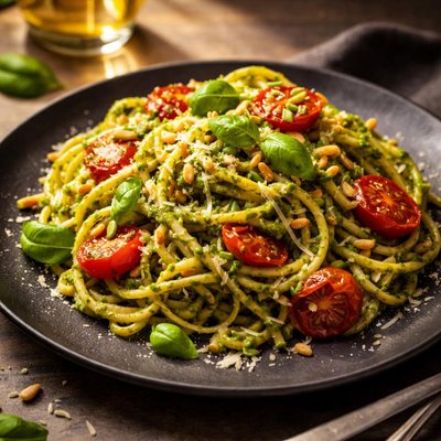 Pasta with pesto and tomatoes