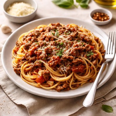 Pasta with red sauce and meat