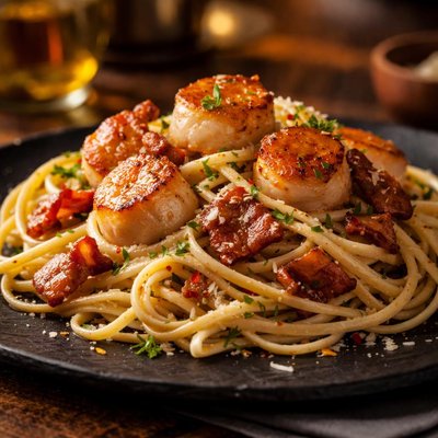 Pasta with scallops and bacon