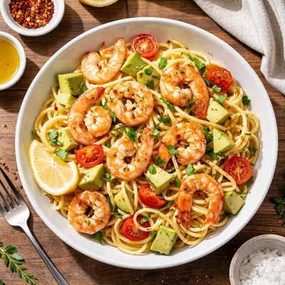 Pasta with shrimp and avocado