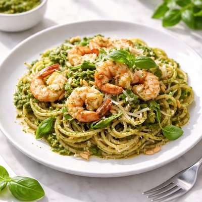 Pasta with shrimp and pesto