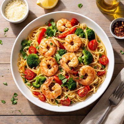 Pasta with shrimp and vegetables