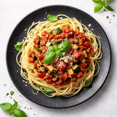 Pasta with tomato and vegetable sauce