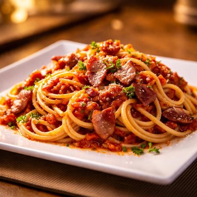 Pasta with tomato sauce and bacon