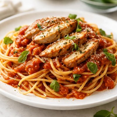 Pasta with tomato sauce and chicken