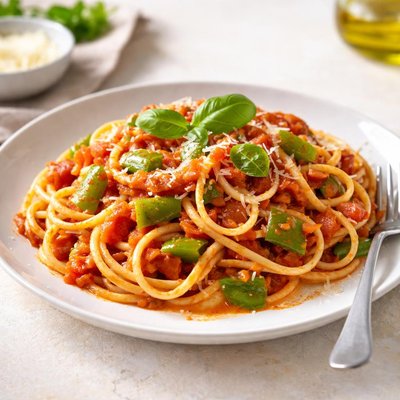Pasta with tomato sauce and green bell peppers