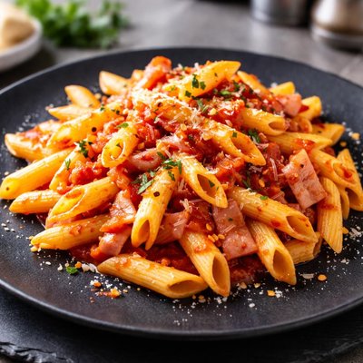 Pasta with tomato sauce and ham