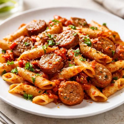Pasta with tomato sauce and sausage