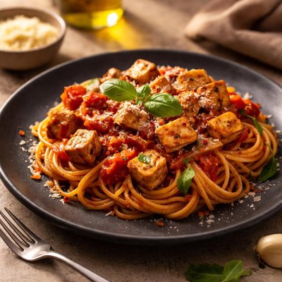 Pasta with tomato sauce and tofu