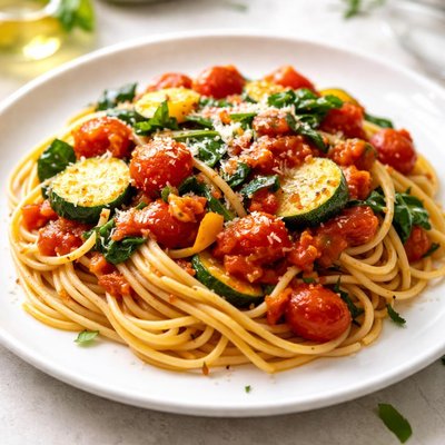 Pasta con salsa de tomate y verduras