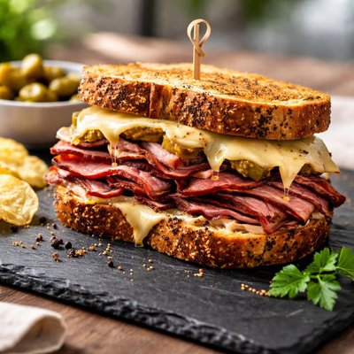 Pastrami and cheese sandwich