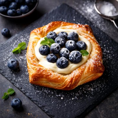 Pastry with cream and blueberries