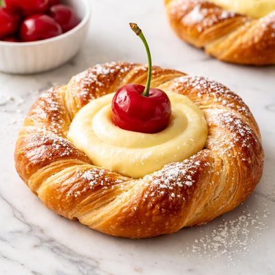 Pastry with cream and cherry
