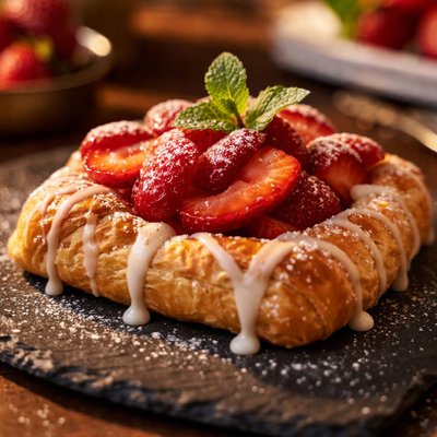 Pastry with strawberries and icing